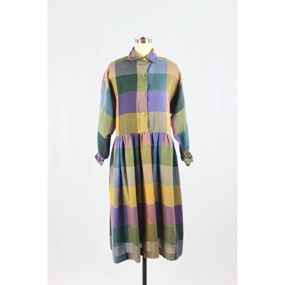 Vintage 70's SANDY PETlTES Check Polyester Flannel Fit & Flare Dress, Size L - Picture 2 of 15